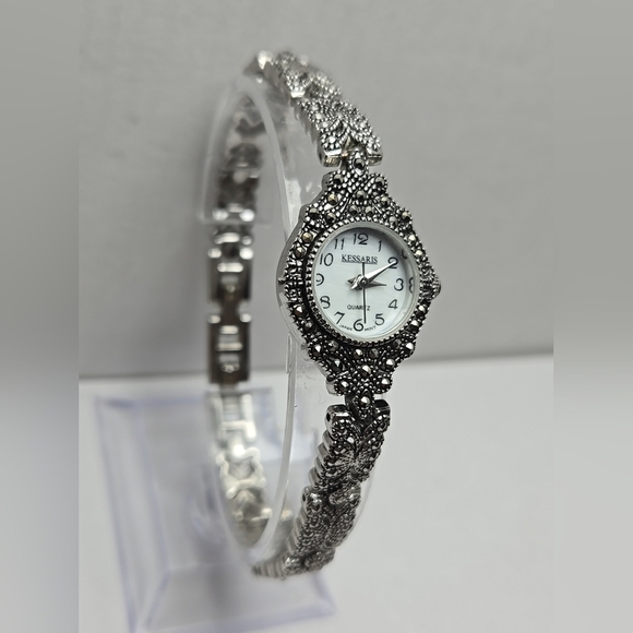 Womens Kessaris Watch 20mm Silver Tone Marcasite Mother of Pearl New Battery - Picture 3 of 9